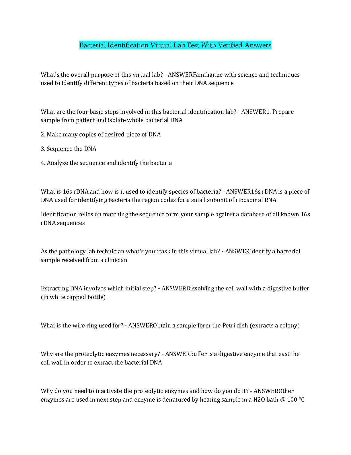 Preview image of Bacterial Identification Virtual Lab Test With Verified Answers document